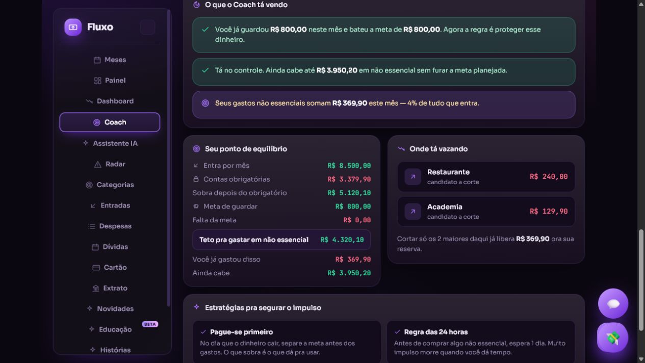Fluxinho, assistente financeiro do Fluxo, em uma tela real